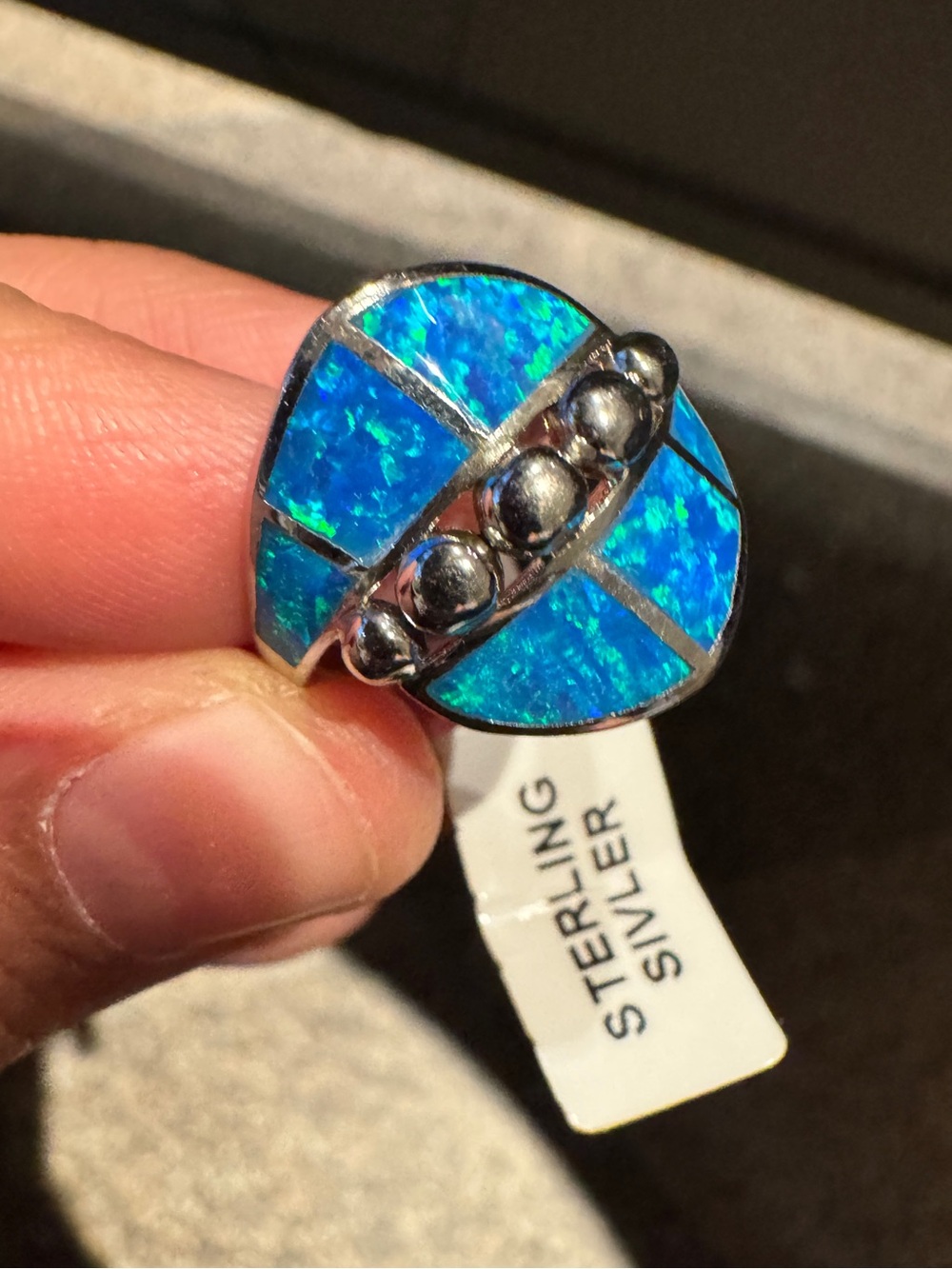 Sterling Silver Blue Opal Inlay Statement Ring Size 8